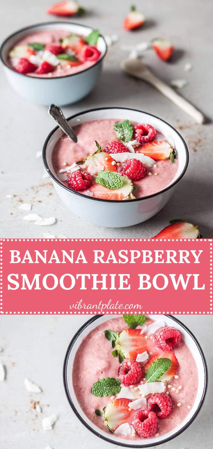 This colorful Banana Raspberry Smoothie Bowl is a vibrant vegan & gluten-free shot of vitamins!