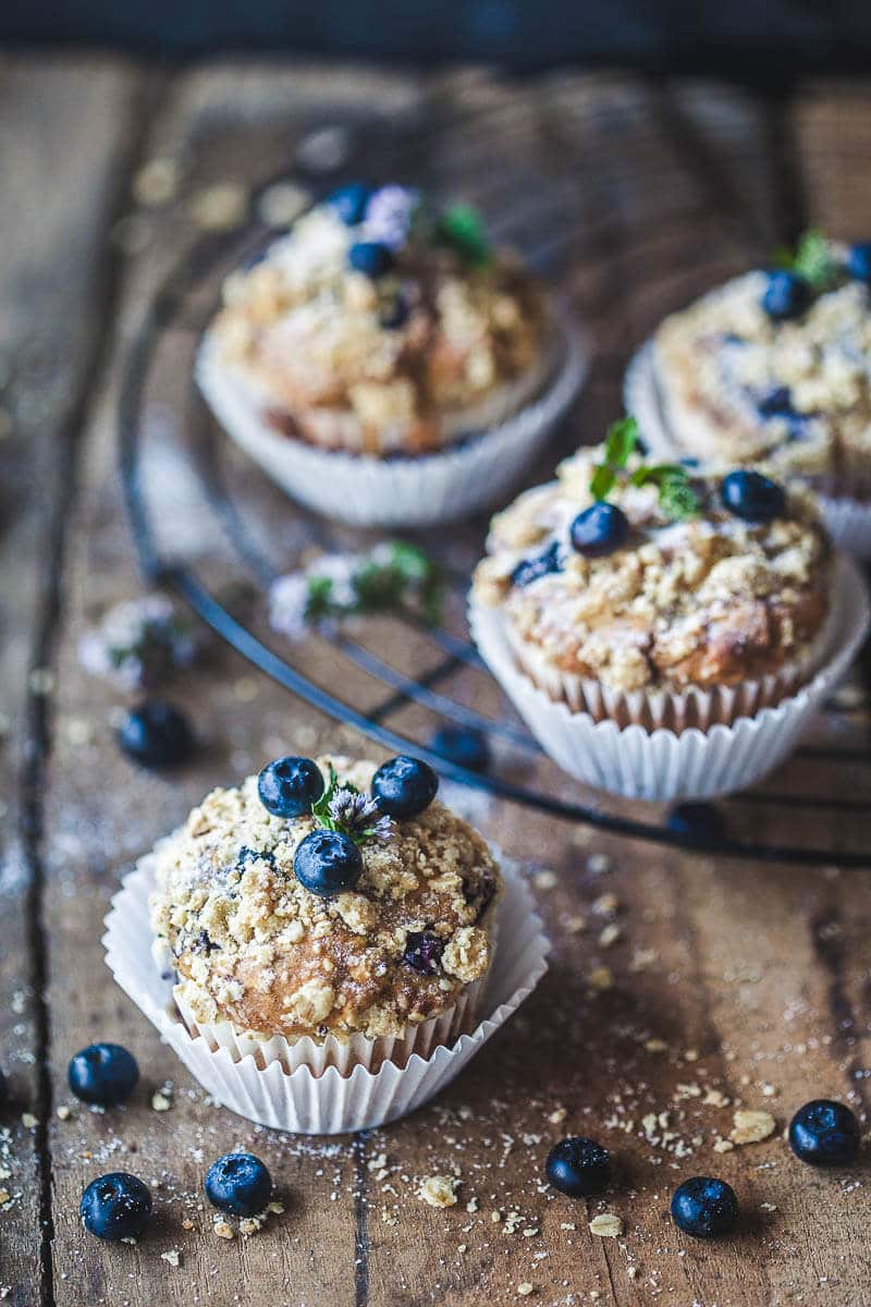 The perfect Yogurt Blueberry Breakfast Muffins, tender and fluffy in the middle, crisp and crunchy on top. | Vibrant Plate