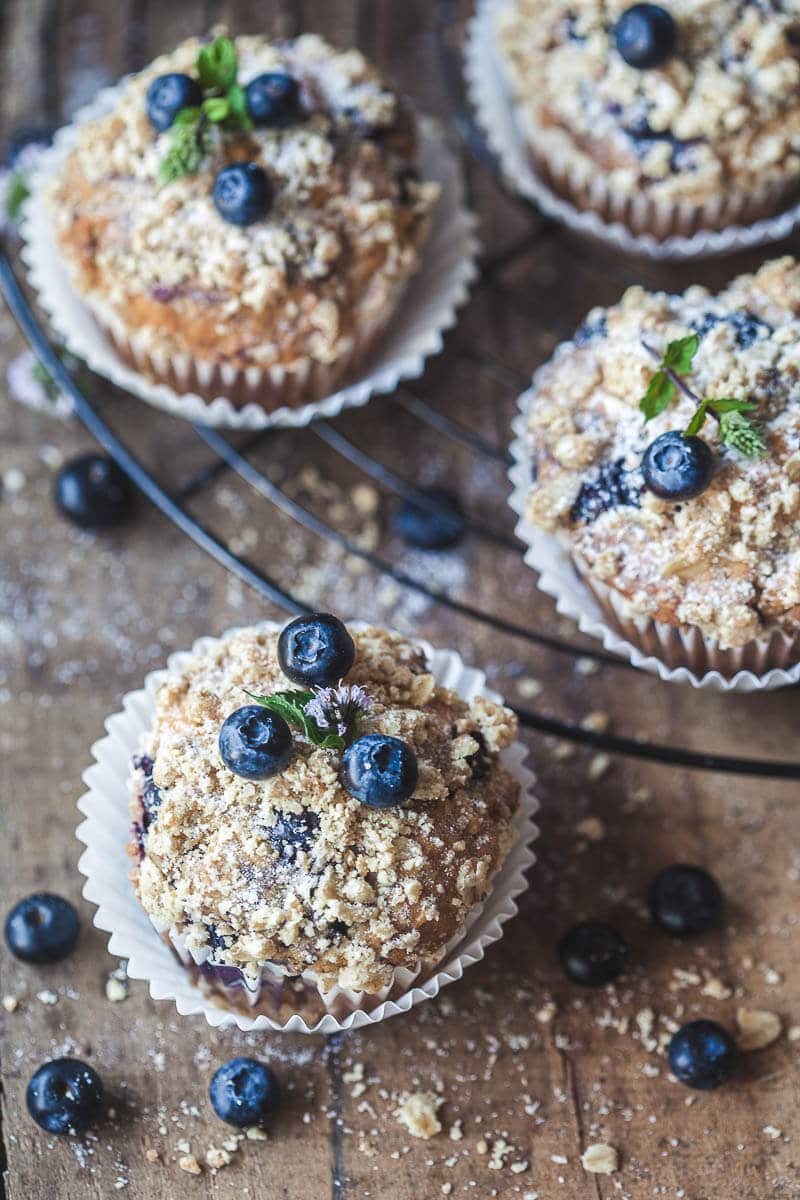 The perfect Yogurt Blueberry Breakfast Muffins, tender and fluffy in the middle, crisp and crunchy on top. | Vibrant Plate