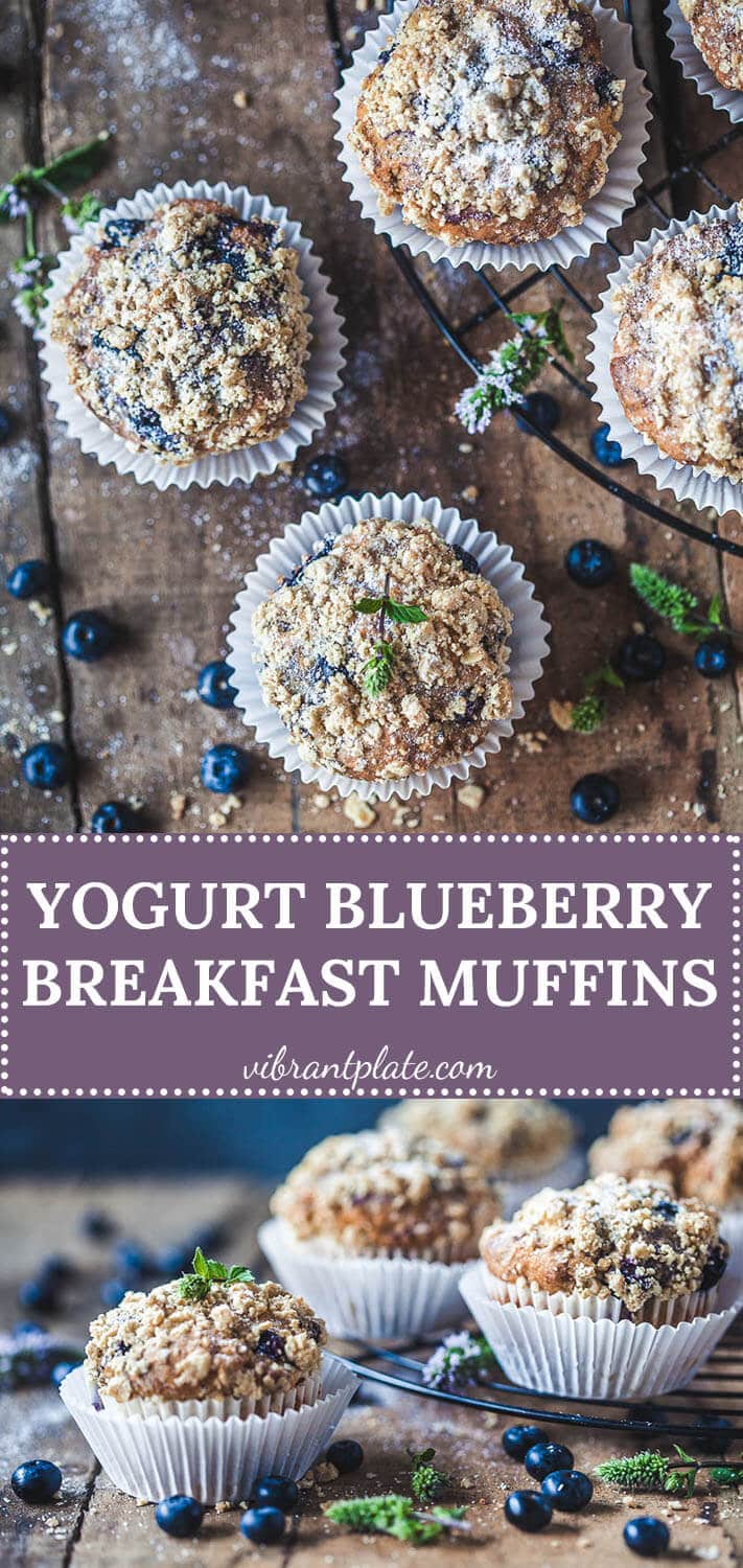 The perfect Yogurt Blueberry Breakfast Muffins, tender and fluffy in the middle, crisp and crunchy on top.