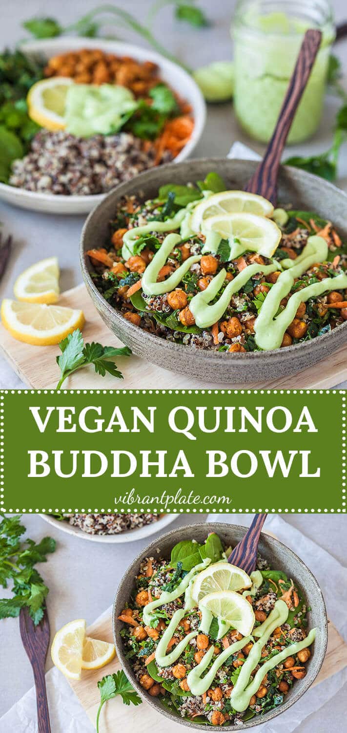 This Vegan Quinoa Buddha Bowl uses kale and roasted chickpeas and is completed by a delicious Avocado Cream Dressing!