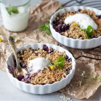 Vegan Blueberry Crumble, made with blueberries and a crunchy crumble topping, just the perfect plant-based summer treat. | Vibrant Plate