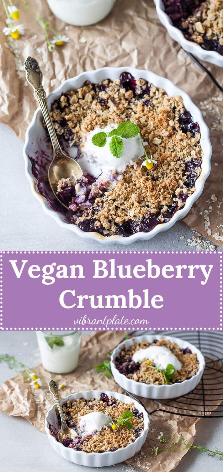 Vegan Blueberry Crumble, made with blueberries and a crunchy crumble topping, just the perfect plant-based summer treat.