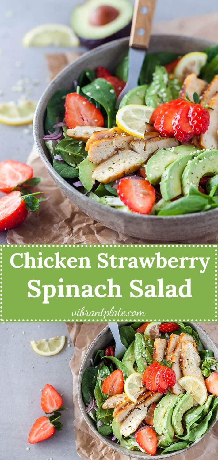 A beautiful spring Strawberry Spinach Salad with Grilled Chicken and Avocado for a healthy and filling meal!