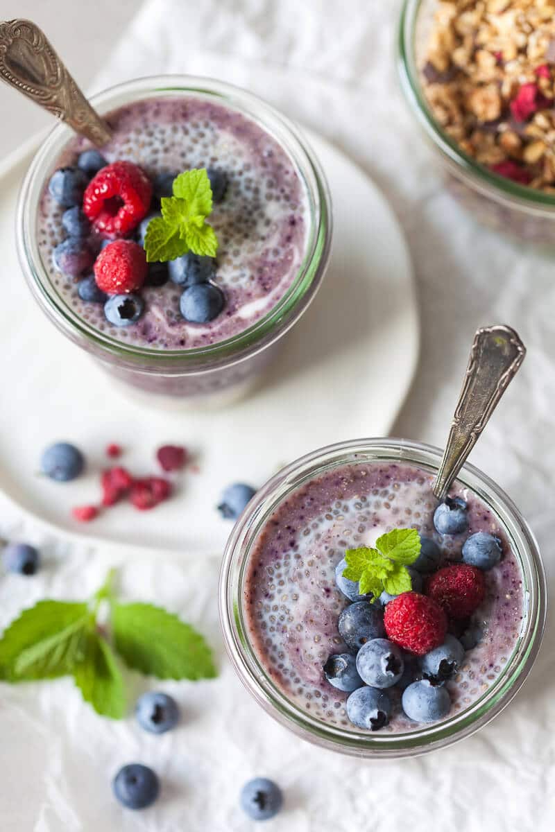 A simple and nutritious breakfast on the go! Blueberry Smoothie Chia Pudding combines two of our favorite breakfasts into one. | Vibrant Plate