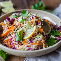 Vegan No Mayo Coleslaw is a light and fresh summer classic without the calories! Just fresh vegetables and a delicious mustard dressing. | Vibrant Plate