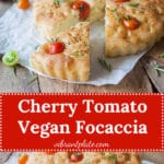 This Cherry Tomato Vegan Focaccia is topped with fragrant cherry tomatoes, coarse salt, and aromatic pizza herbs. | Vibrant Plate