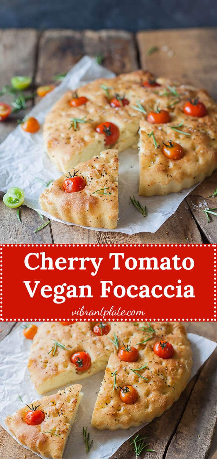 This Cherry Tomato Vegan Focaccia is topped with fragrant cherry tomatoes, coarse salt, and aromatic pizza herbs. Perfect for a side to your picnic!