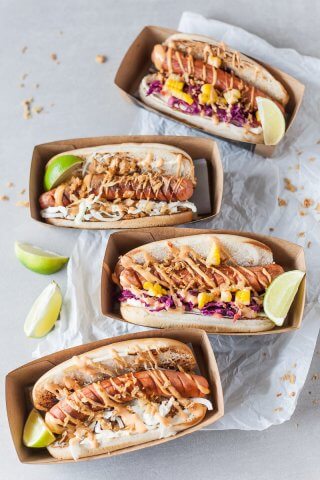 These dairy-free hot dogs are a fun summer grill dish, served 2 ways - with beer braised onions and a side of no mayo coleslaw. | Vibrant Plate