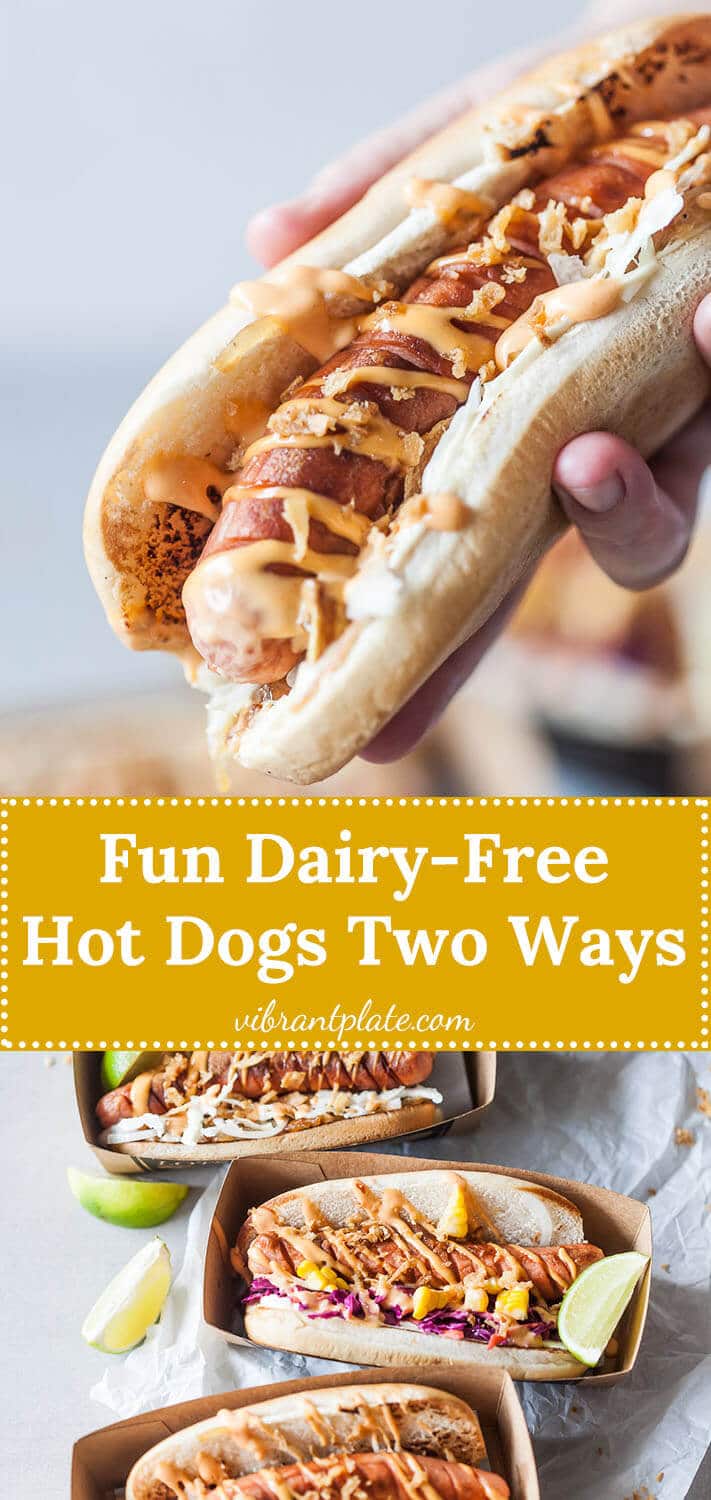 These dairy-free hot dogs are a fun summer grill dish, served 2 ways - with beer braised onions and a side of no mayo coleslaw.