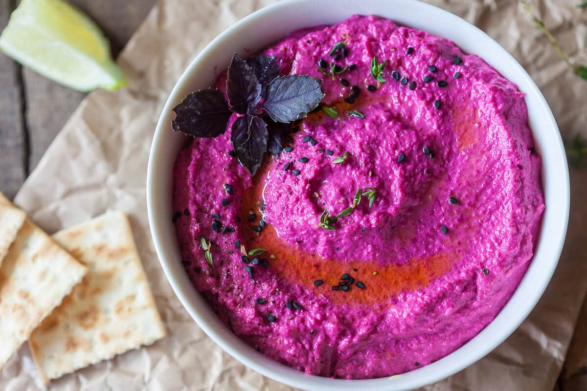 Hot Pink Beetroot Hummus {Vegan} - Vibrant plate