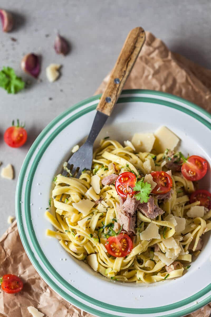 Delicious Zucchini Tuna Egg Noodles that are ready in just 15 minutes! This recipe is dairy-free. | Vibrant Plate