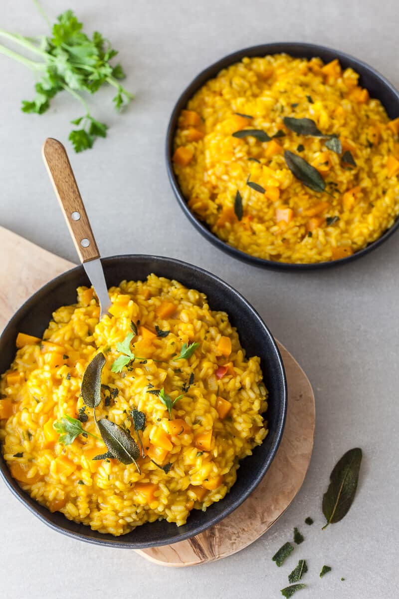 A creamy Vegan Pumpkin Puree Sage Risotto is the perfect meal on a rainy day. Easy & Gluten-Free! | Vibrant Plate