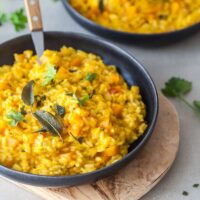 A creamy Vegan Pumpkin Puree Sage Risotto is the perfect meal on a rainy day. Easy & Gluten-Free! | Vibrant Plate