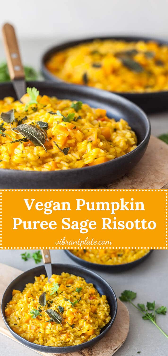 A creamy Vegan Pumpkin Puree Sage Risotto is the perfect meal on a rainy day. Easy & Gluten-Free!