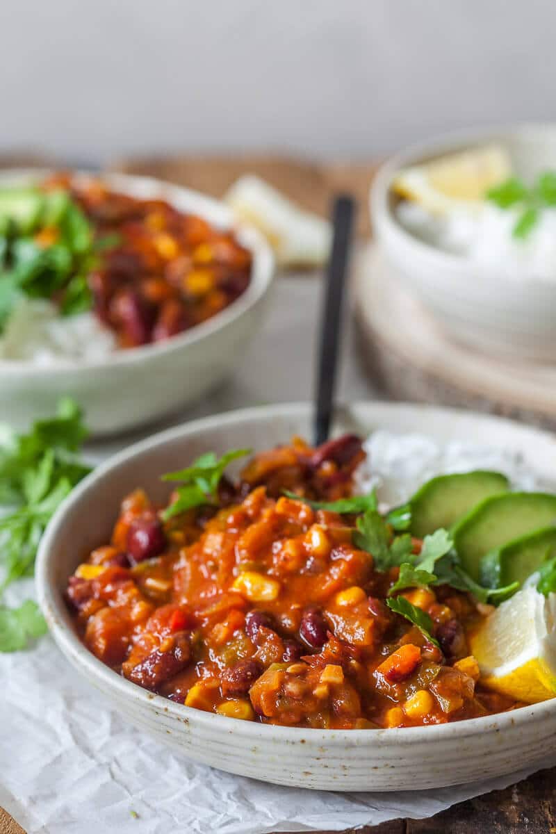 This Easy One-Pot Spicy Vegan Chili is packed with vegetables and ready in just 30 minutes. The perfect winter comfort food! | Vibrant Plate