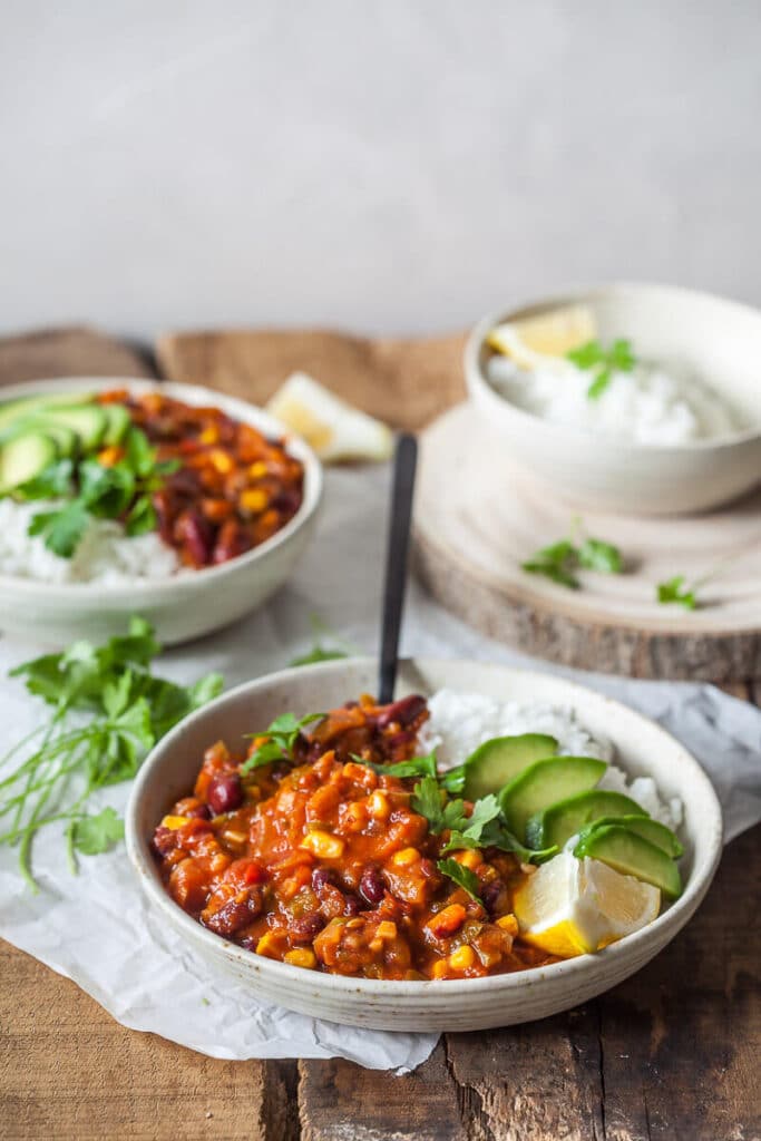 Easy One-Pot Spicy Vegan Chili - Vibrant plate