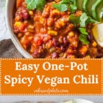 This Easy One-Pot Spicy Vegan Chili is packed with vegetables and ready in just 30 minutes. The perfect winter comfort food! | Vibrant Plate