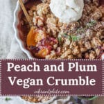 A simply delicious Peach and Plum Vegan Crumble with a crunchy oat and almond topping is a great warm dessert on a cold day. | Vibrant Plate