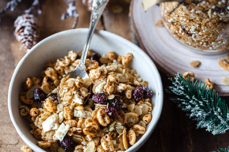 Honey Roasted Cranberry Granola with White Chocolate is a delicious breakfast yogurt topping and a tasteful food gift idea.