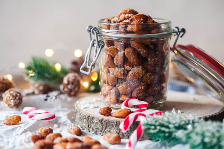 Maple Roasted Salted Almonds are a delicious holiday snack and a perfect DIY food gift. Vegan & Gluten-Free.