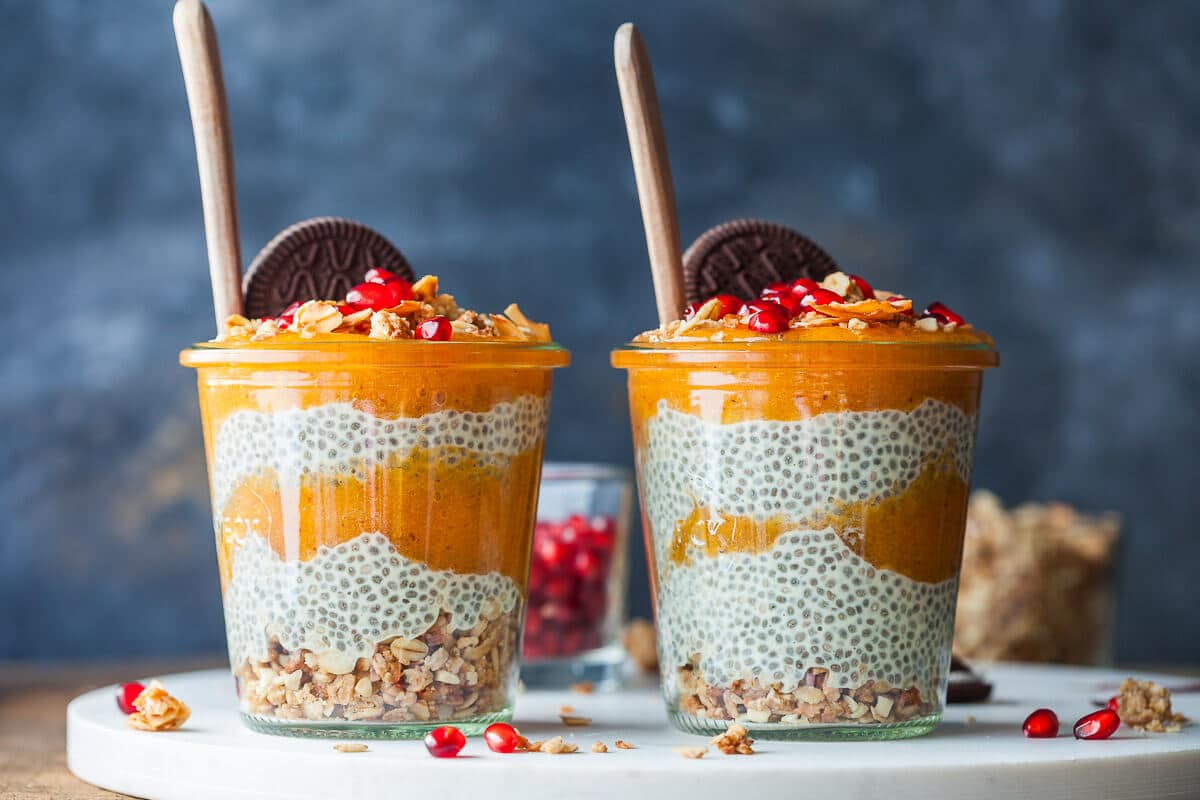 Persimmon Puree and Chia Pudding in glasses