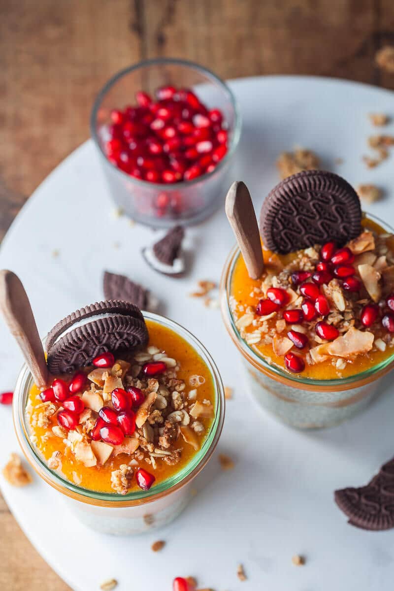 Persimmon Puree and Chia Pudding in glasses