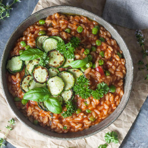 {Vegan} Creamy Grilled Zucchini Tomato Risotto