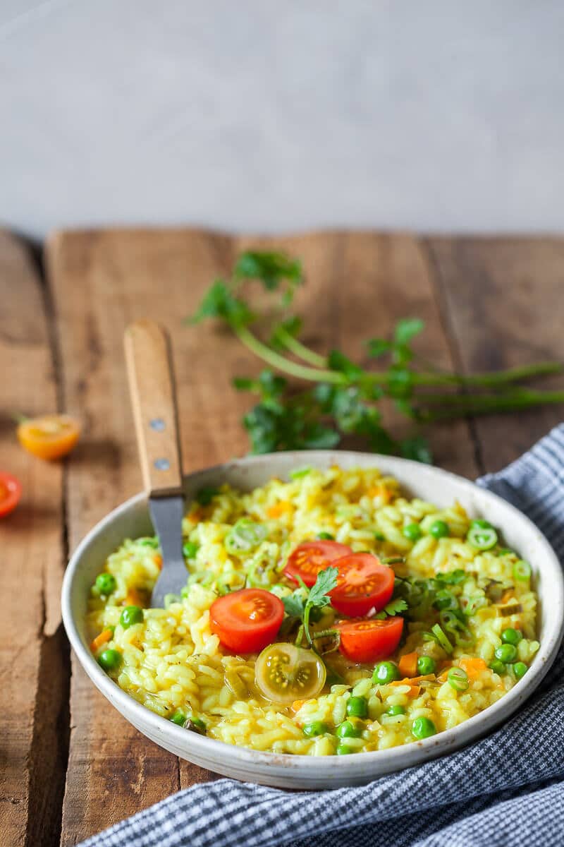 Turmeric Leek Vegan Risotto on a plate