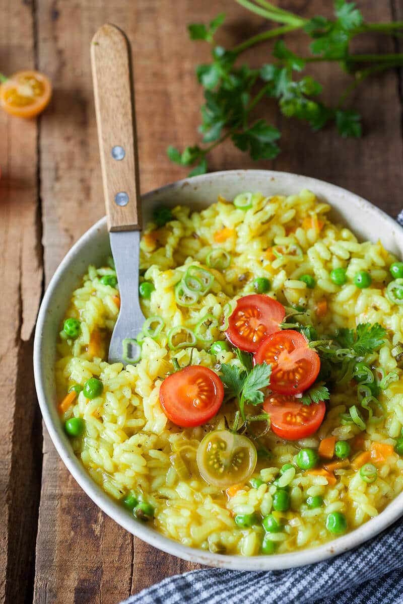 Turmeric Leek Vegan Risotto on a plate