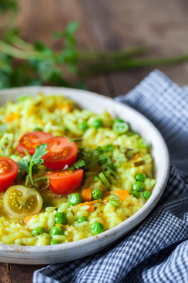 Turmeric Leek Vegan Risotto {Gluten-Free} - Vibrant plate