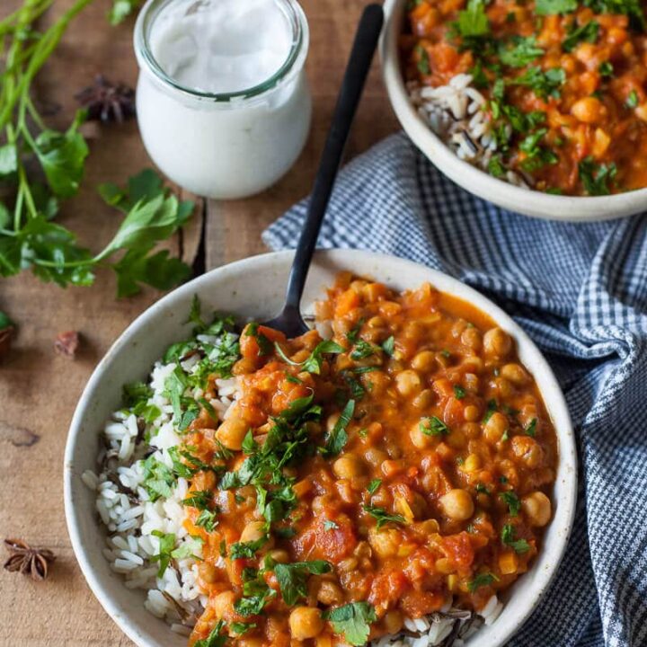 Chickpea Lentil Coconut Curry in a bowl