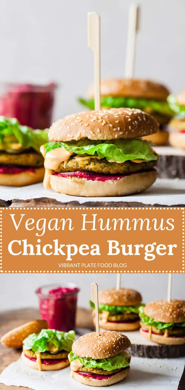 A delicious Vegan Hummus Chickpea Burger with hot pink beetroot hummus and an easy chickpea patty, that will satisfy even the carnivores!
