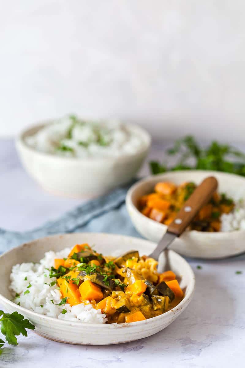 Eggplant Sweet Potato Curry on table