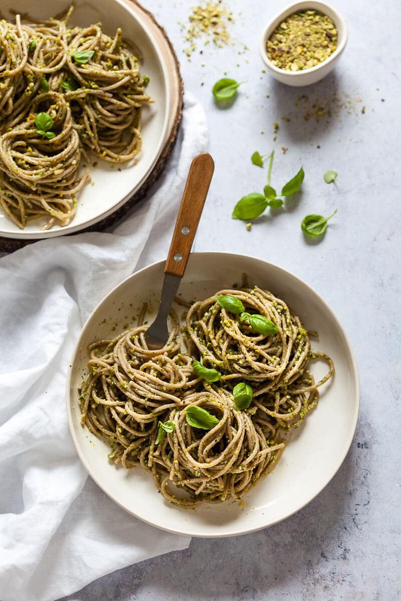 Vegan Green Pesto Pasta on plates