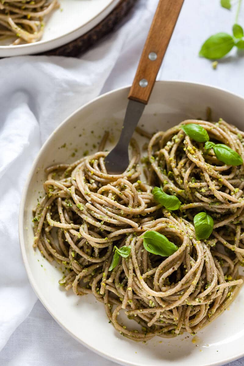 Vegan Green Pesto Pasta on plates