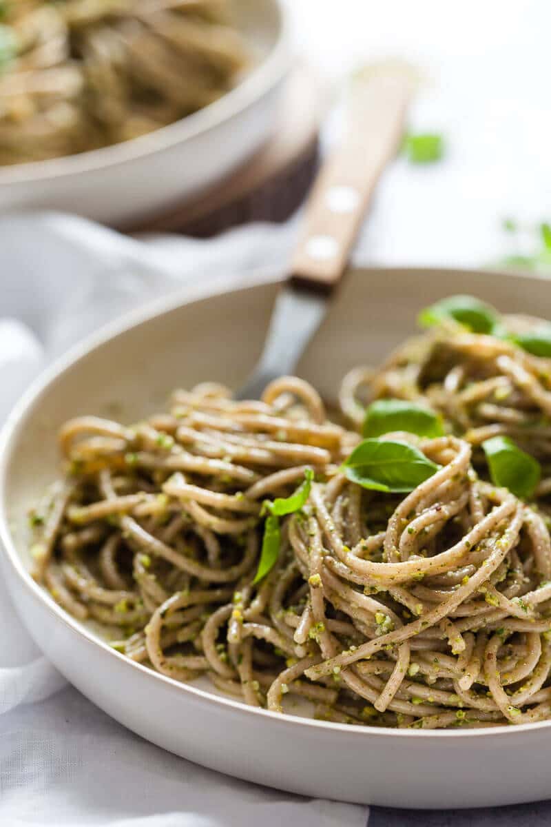 Vegan Green Pesto Pasta on plates