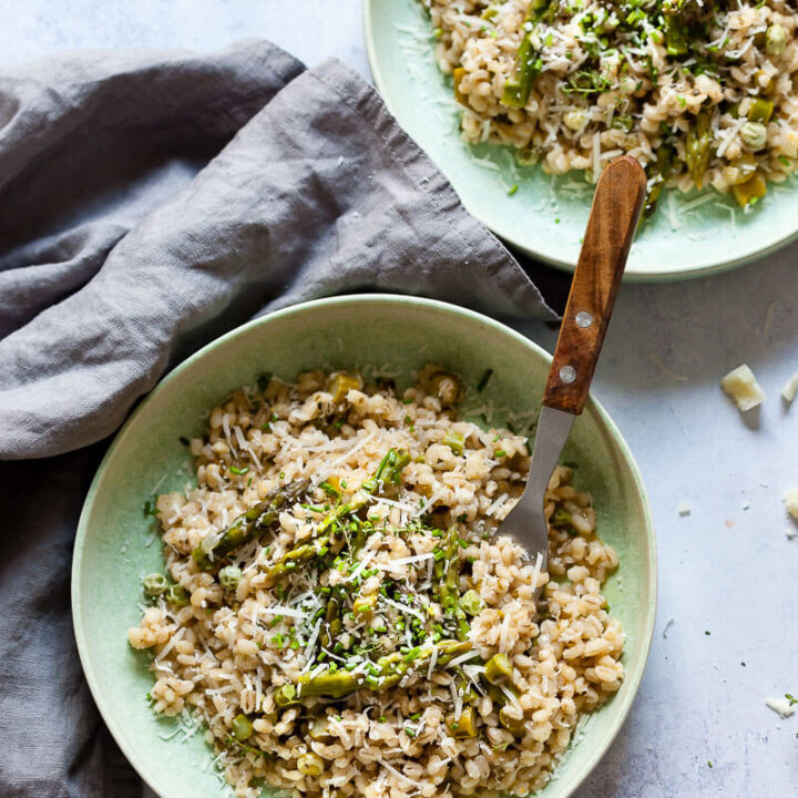 Vegan Barley Asparagus Risotto in plates