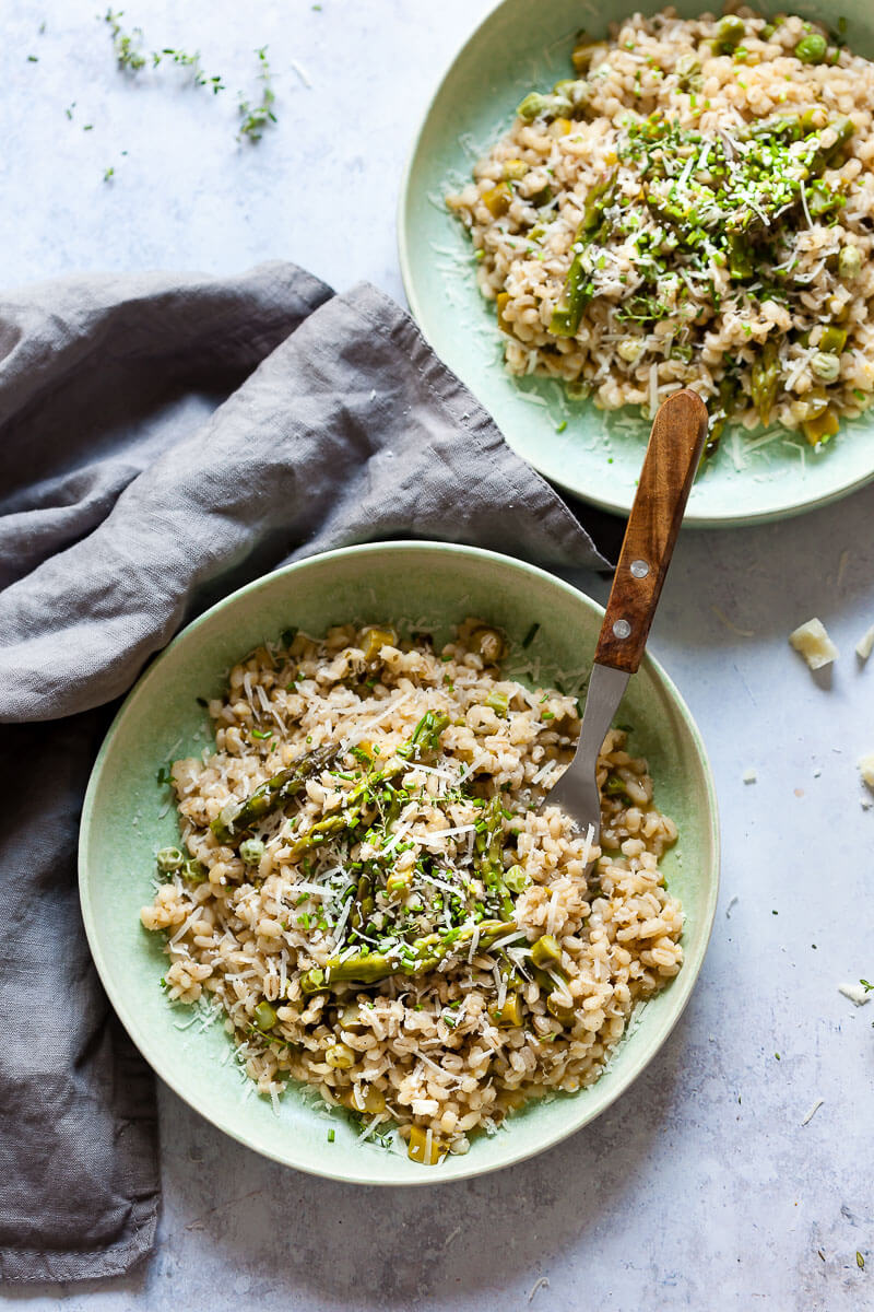 Vegan Barley Asparagus Risotto in plates