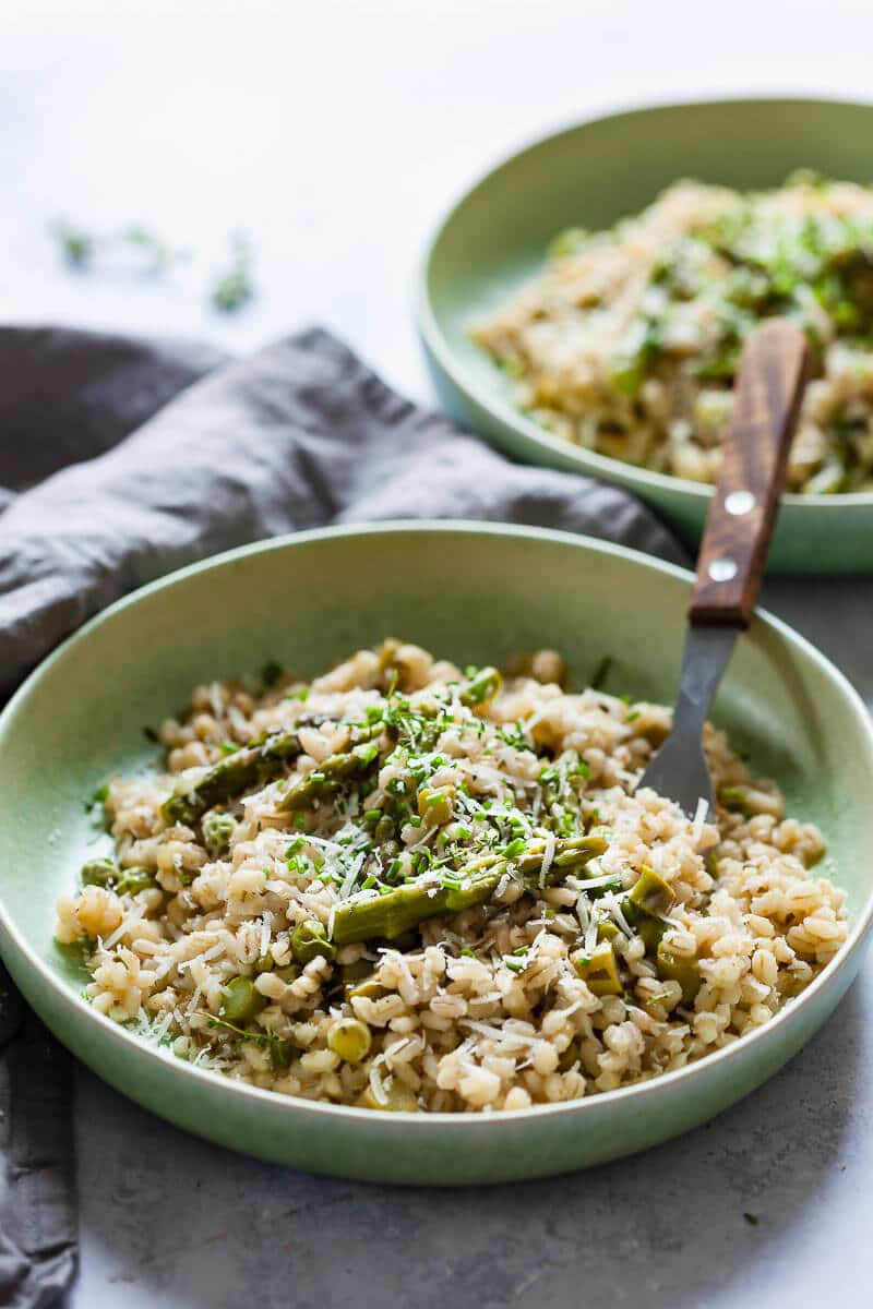 Vegan Barley Asparagus Risotto on plates