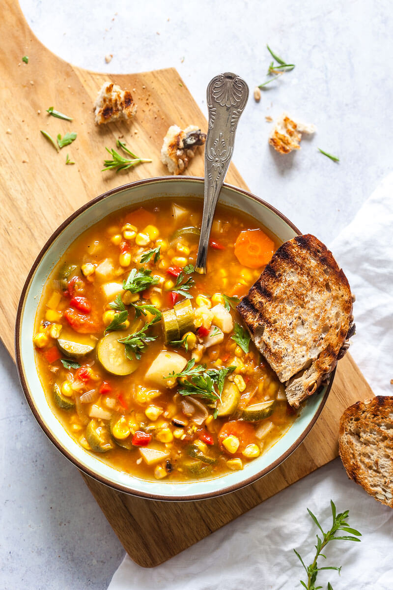 Vegan Roasted Corn and Pepper Soup in a bowl