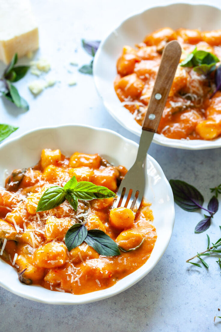 A one-pot summery dish, this Gnocchi in Cherry Tomato Sauce is Vegan and comes together in under 30 minutes!