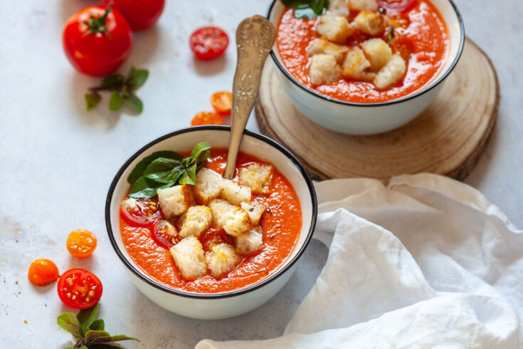 An easy Tomato Gazpacho Soup recipe for when you don't feel like cooking. This Spanish chilled soup is best in summer.