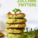 A stack of millet zucchini fritters with cream on top.