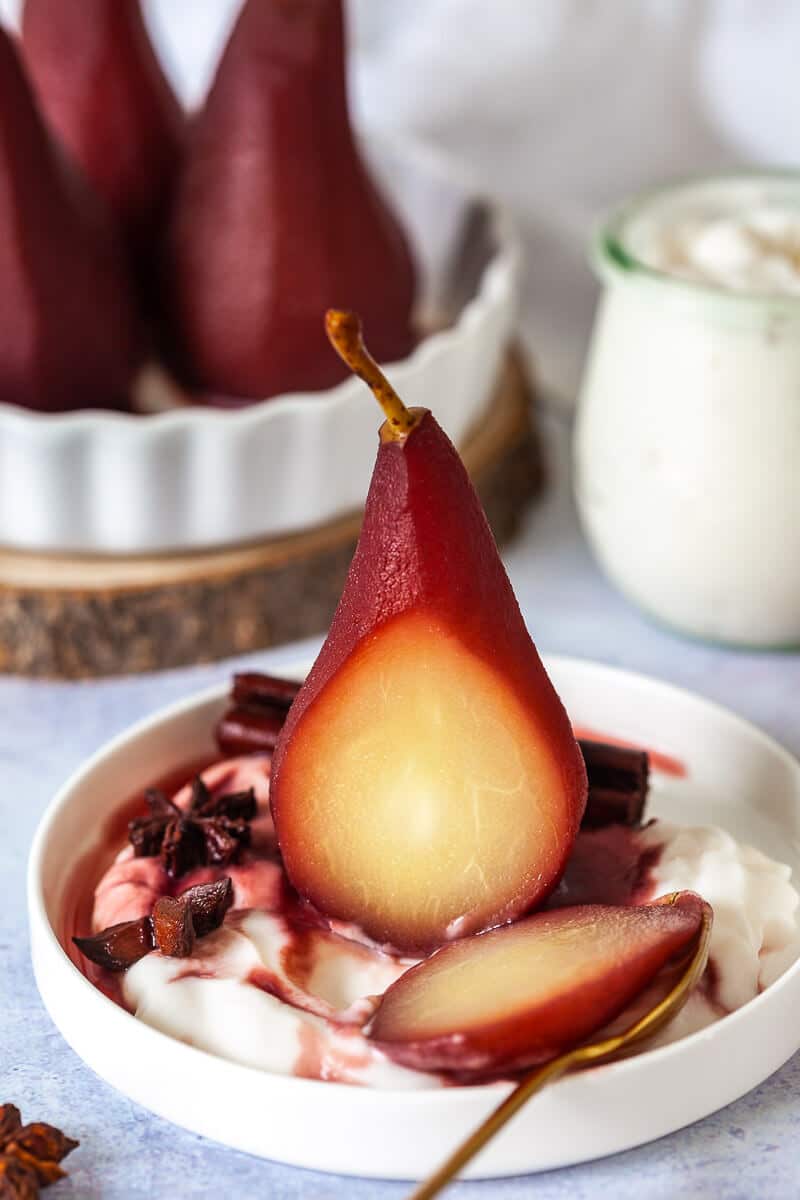 Spiced Red Wine Poached Pear sliced open