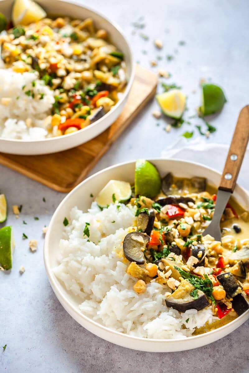 Vegan Coconut Eggplant Curry in plates