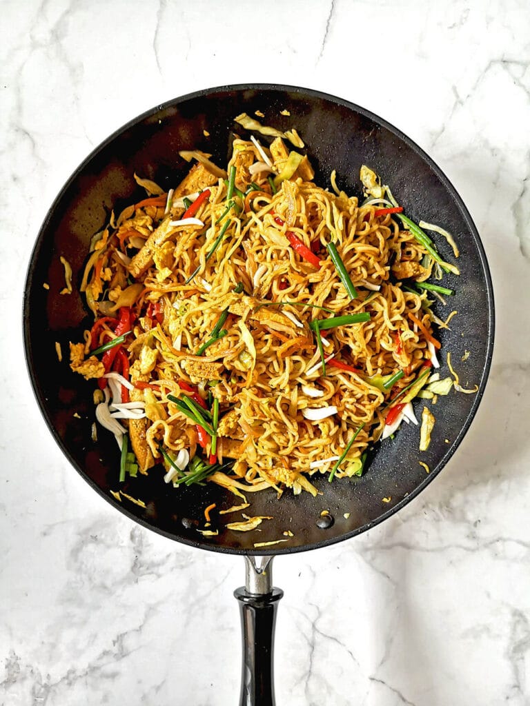 Vegan Tofu Lo Mein in a wok