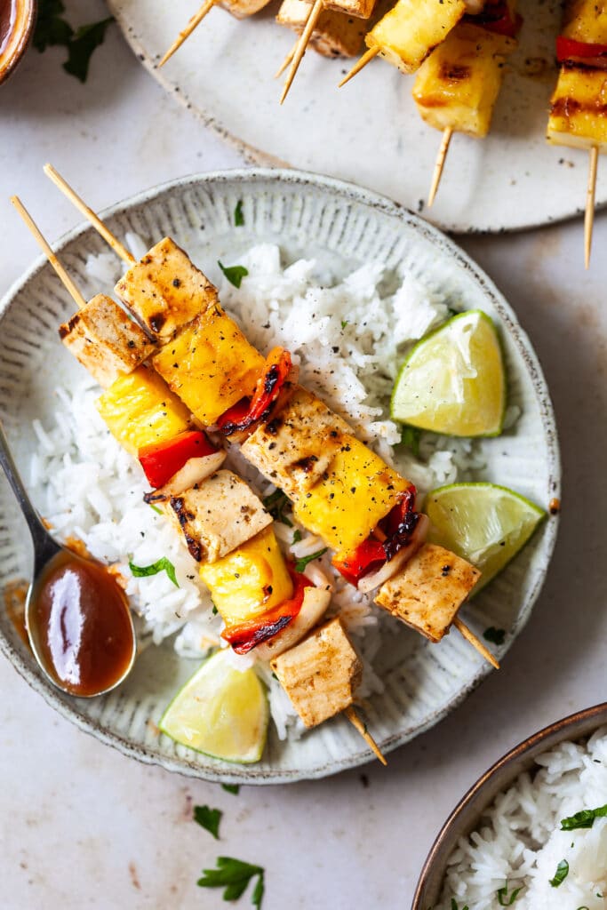 BBQ Pineapple and Tofu Skewers Vibrant plate