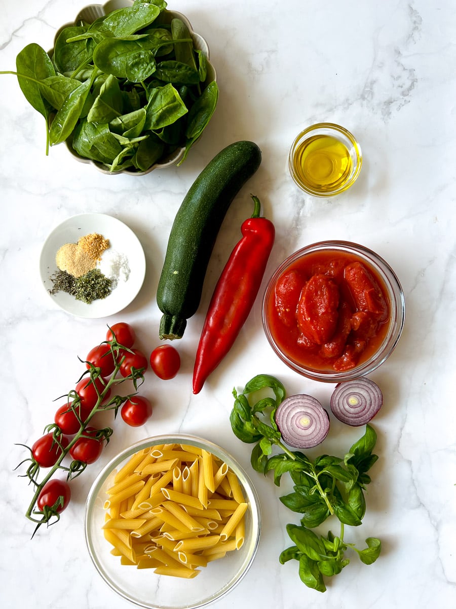 One-Pot Vegan Tomato Pasta Ingredients