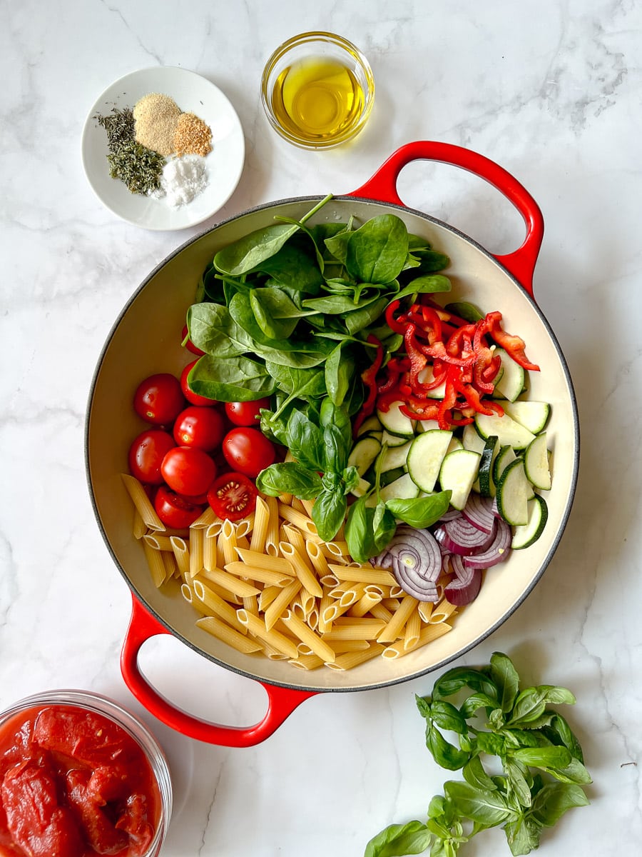 One-Pot Vegan Tomato Pasta Ingredients